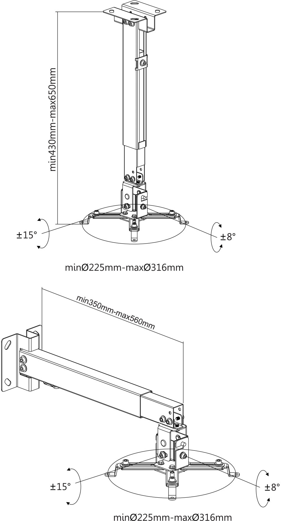 Plano de dimensiones y medidas del Soporte para proyector Intelaid IT-11E