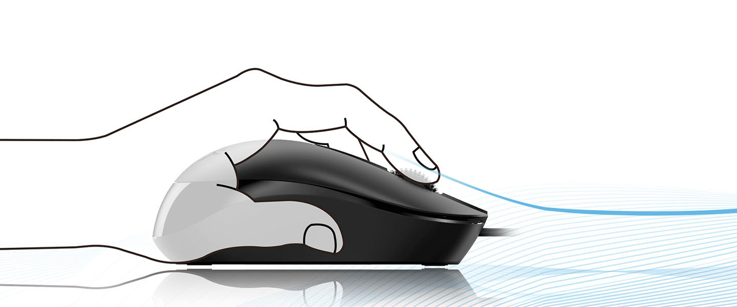 Ilustración digital de una mano humana en blanco y negro interactuando con un mouse de computadora, también en blanco y negro, sobre un fondo blanco con líneas azules onduladas que emanan del mouse, sugiriendo movimiento o conectividad.