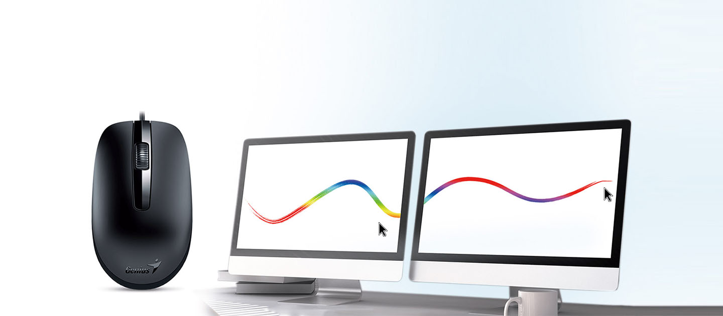 Imagen de un mouse de computadora de la marca Genius a la izquierda y dos monitores con pantallas blancas mostrando una línea ondulada multicolor que pasa de una pantalla a otra, sobre un fondo blanco y azul claro.