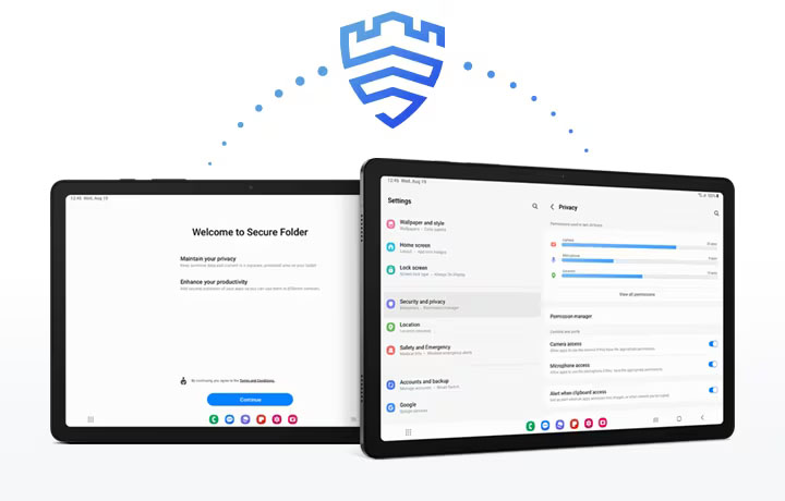 Se pueden ver dos dispositivos Galaxy Tab A9+. Galaxy Tab A9+ a la derecha está ligeramente inclinado. Galaxy Tab A9+ a la izquierda muestra la pantalla Carpeta segura y Galaxy Tab A9+ a la derecha muestra la pantalla Panel de privacidad. Encima de los dispositivos hay una línea de puntos que los conecta, con un ícono de escudo en el medio para indicar las características de seguridad.