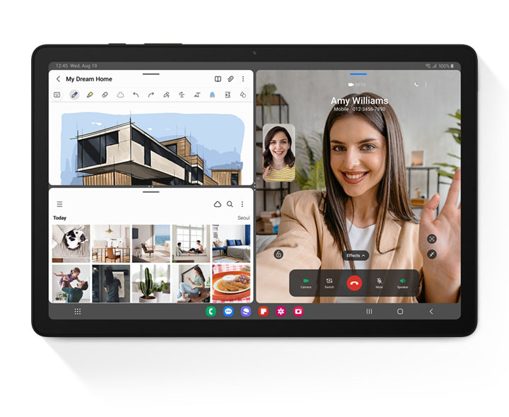 La Galaxy Tab A9+ se puede ver con la pantalla dividida en tres para indicar la función de ventanas múltiples. En pantalla están la aplicación Samsung Note, la aplicación Galería y la función de videollamada.