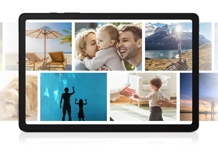 Las fotografías se muestran en dos líneas horizontales. Encima de las fotografías está el marco del Galaxy Tab A9+, para ilustrar el gran almacenamiento del dispositivo.