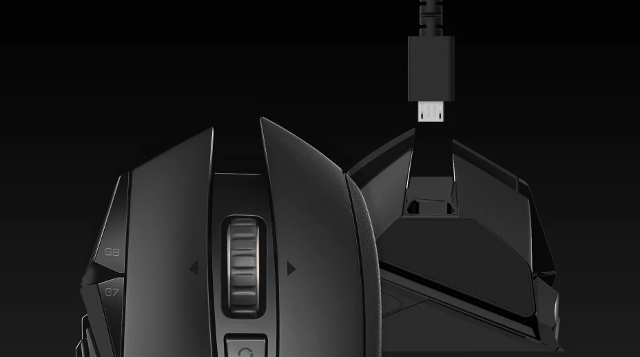 plano superior e inferior del mouse Logitech G502 LIGHTSPEED con y sin cable