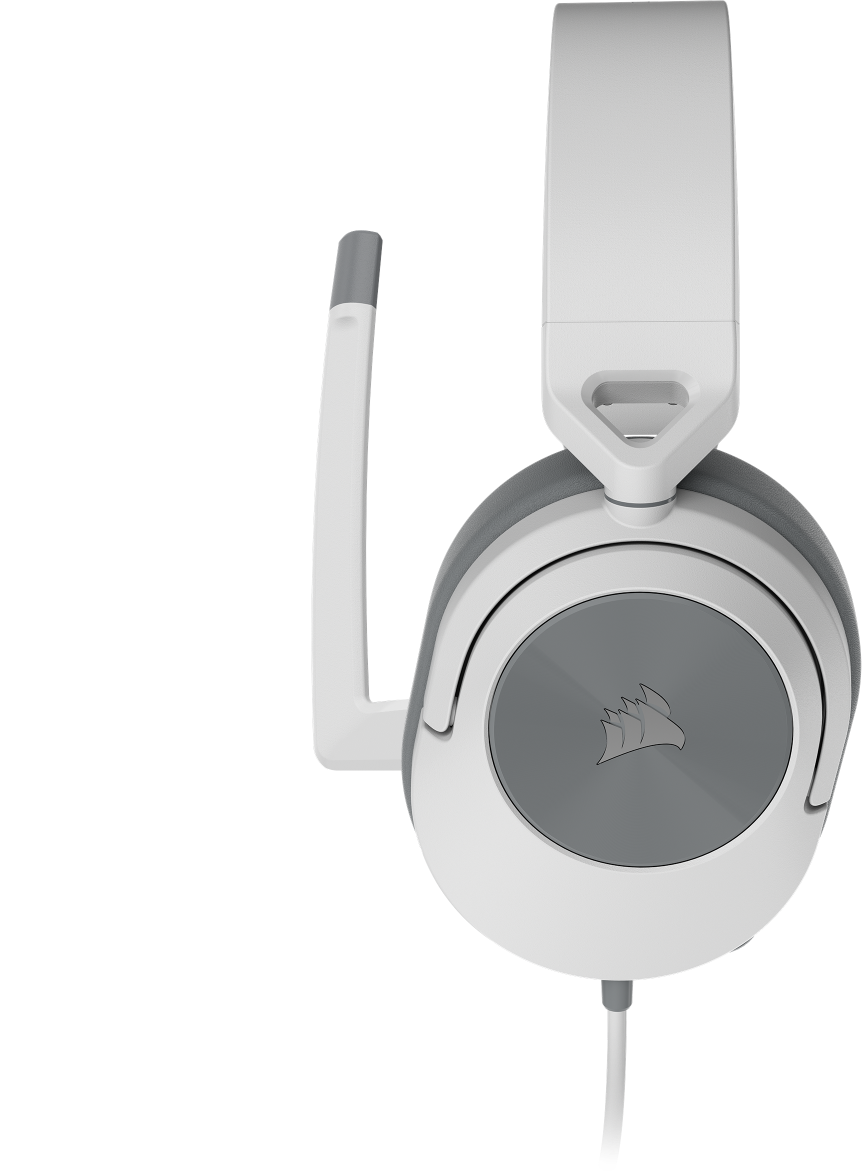 Vista de perfil lateral de los auriculares para juegos con cable HS55 STEREO, que muestra el micrófono que se silencia al abatirse.