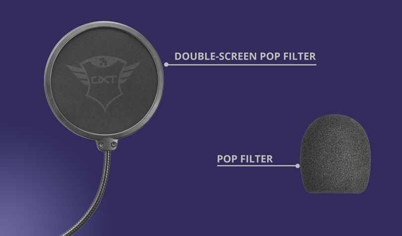 Filtro pop de doble pantalla en la parte superior y filtro pop adicional de espuma, ambos sobre fondo azul.