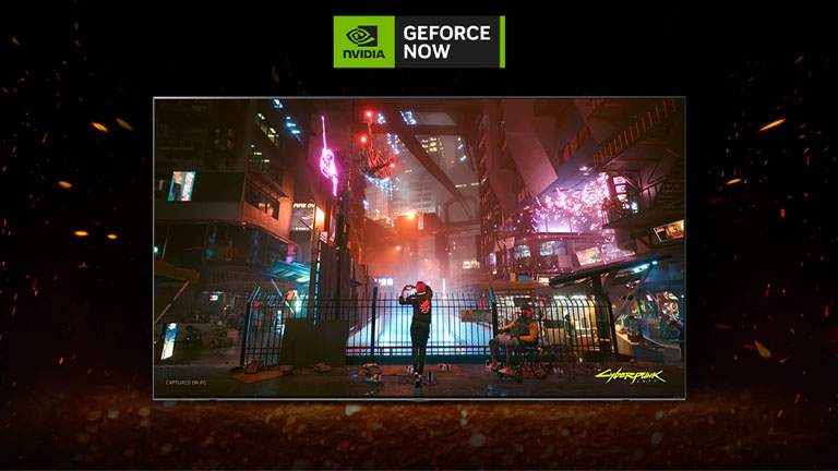 Imagen que muestra GeForce NOW en LG UHD TV, con programas y juegos.